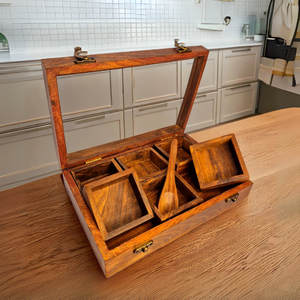 Organizador de Especias Rectangular de Madera para el Hogar y Caja de Almacenamiento de Especias Estilo Masala Dabba con Tapa 9 compartimentos y tapa de vidrio - Product Image 3