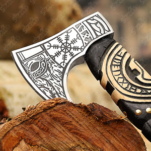 Hand Forged Viking Bearded <b>Axe</b> Carbon Steel Vegvisir Engraved Hatchet Ash Wood <b>Handle</b> with Leather Sheath OEM Ideal Gift for him - Product Image 2