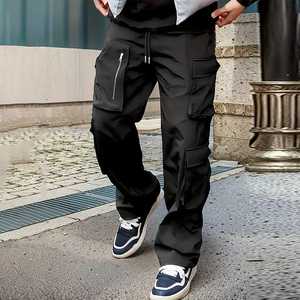 Pantalon cargo ample et uni pour homme, taille élastique, plusieurs poches, décontracté, respirant, en toile mi-lourde, pour l'automne - Product Image 5