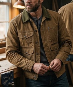 <b>Men's</b> Vintage Autumn 100% Cotton Washed Solid <b>Corduroy</b> Workwear <b>Jacket</b> Contrast Collar Flap Pocket - Product Image 1