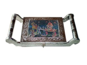 <b>Rectangular</b> Metal Tray With Folk Art Painting Handcrafted Decorative Home Accent Piece - Product Image 2