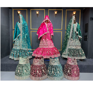 Espléndido Traje de Novia Farsi de Terciopelo con Doble Dupatta, Abullonado, con Adornos de Piedras Jarkan, 7 Colores, para Bodas y Fiestas - Product Image 4