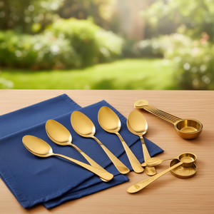 ชุดช้อนส้อมรักษ์โลก Sunlit Gold 4 ชิ้น ช้อนกาแฟและช้อนซุปโลหะและ PP ขนาด 10 มล. พร้อมที่ตวงเหล็ก - Product Image 3