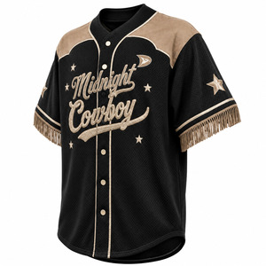 Camiseta de Béisbol Midnight Cowboy para Hombre, Negra con Bordado Dorado, Malla Transpirable, Manga Corta, Cierre de Botones, Corte Regular, para Adultos, Todas las Temporadas - Product Image 3