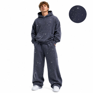 Conjuntos de sudaderas extragrandes con pedrería brillante de alta calidad, pantalones de chándal holgados, ropa de estilo urbano de algodón grueso personalizada - Product Image 1