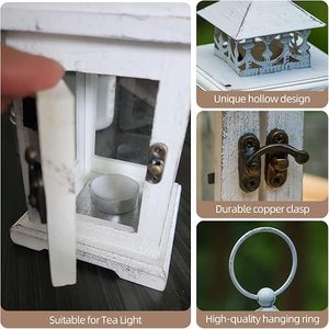 Rustic Wooden <b>Lantern</b> Candle Holder Set Decorative Metal Top Glass Panel Farmhouse <b>Table</b> <b>Lamp</b> Home Decor - Product Image 2