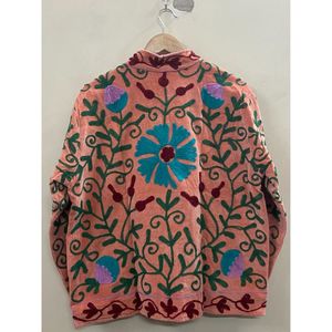 <b>Women's</b> peach <b>Velvet</b> Jacket Mandarin Collar Batwing Sleeve Hand Embroidered Floral Pattern Open Front <b>Coat</b> - Product Image 3
