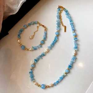 Aquamarine Beaded Brass <b>Necklace</b> with Freshwater Pearl Layered Blue Gemstone Religious Crown <b>Statement</b> <b>Necklace</b> - Product Image 1