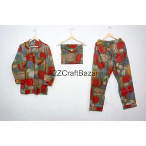 Ensemble de pyjama pour femmes en coton 100% doux et respirant, 2 pièces, à la mode vintage romantique classique florale, fabriqué à la main, hiver, taille élastique - Product Image 5