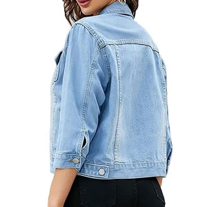 Chaqueta Vaquera Azul Claro para Mujer, Manga Tres Cuartos, Cuello Camisero, Algodón Lavado, Corte Corto, Cierre de Botones, Estilo Primavera - Product Image 3
