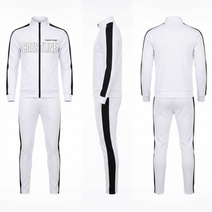 Men <b>White</b> <b>Tracksuit</b> Set Full Sleeve Zipper Front Custom Logo Print Side Pockets Autumn Wear Sporty Style - Product Image 1