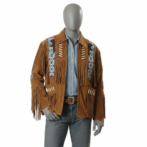 Men Genuine Leather <b>Jacket</b> With Fringe Beading Embroidery Turn-down Collar Vintage Style Autumn Wear - Product Image 4