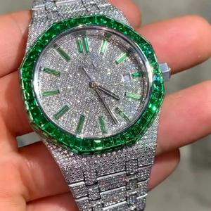 Montre chronographe de luxe Hip Hop Iced Timepiece verte avec moissanite, bracelet en acier inoxydable de 20 mm, mouvement mécanique - Product Image 2