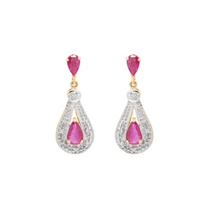 Pendientes de Oro Amarillo de 14k al por Mayor con Rubí Natural en Forma de Pera y Halo de Diamantes, Joyas Memoria - Product Image 1