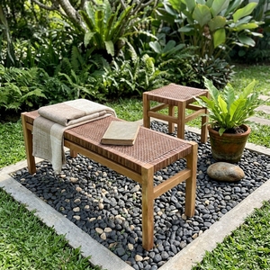 Modern Minimalist Ciaro Wooden <b>Bench</b> Natural Solid Teak Wood Brown Rattan Webbing Comfortable Lightweight & Durable Patio Garden - Product Image 4