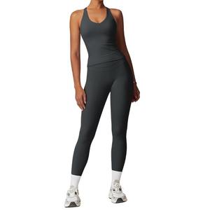 Leggings de sport unis respirants sans coutures, ensembles de compression, bas de yoga, ensembles 3 pièces personnalisés pour femmes, Spandex/Nylon, pour la gym - Product Image 5