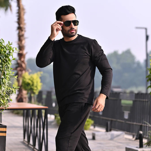 <b>Men</b> Black Solid Hooded Neck Long Sleeve Printed <b>T</b> <b>Shirt</b> and Pants Streetwear Breathable Eco-Friendly Tracksuit Set - Product Image 1