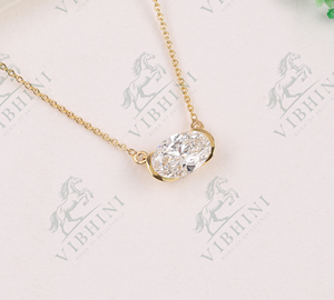 VIBHINI 3ct Oval Cut E VS1 CVD Certified Lab Diamond 14K Yellow Gold Rhodium Plated Delicate <b>Chain</b> Half Bezel Trendy Pendant - Product Image 5