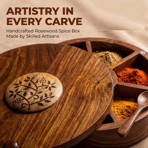 Curio Craft Round Wooden Spice <b>Box</b> with 9 Compartments and Spoon Food Grade Durable Dishwasher Safe Hand Wash Only - Product Image 3