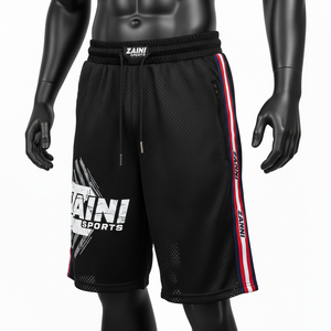 กางเกงว่ายน้ำชายผ้าโพลีเอสเตอร์ตาข่ายคุณภาพสูง สีดำ แต่งแถบสีแดง พิมพ์ลายโลโก้ตามสั่ง แห้งเร็ว - Product Image 2