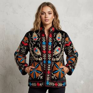 Chaqueta de terciopelo bordada para mujer, cuello mandarín, estampado floral, manga larga, estilo otoñal, ropa exterior Prairie Chic - Product Image 1