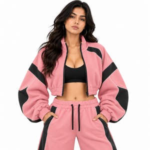 Sweat-shirt en molleton court pour femme, rose et noir, à blocs de couleur, avec fermeture éclair intégrale, col montant, style streetwear, logo personnalisé - Product Image 1
