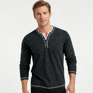 <b>Men's</b> Long Sleeve Polyester Henley T-<b>Shirt</b> V-Neck Contrast Trim Front Casual Knitted Solid Color Regular Fit Button-Up <b>Stretch</b> - Product Image 5