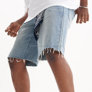 Streetwear bleu longueur genou Cargo Denim Shorts personnalisé qualité lavage déchiré ourlet décontracté rétro hommes court avec poche - Product Image 1