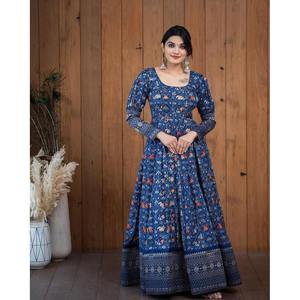 DISEÑADOR SATIN SILK PRINT TRABAJO SOLO VESTIDO AZUL MARINO - Product Image 6