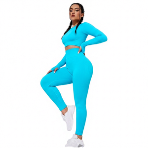 Ensemble de yoga noir uni pour femmes, leggings taille haute longueur complète, haut court à manches longues, tenue de fitness extensible - Product Image 5