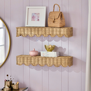 Eye-catching Wholesale Handcrafted Natural Rattan Scalloped Edge Floating <b>Wall</b> Shelf Storage Organizer For Home Hotel Decor - Product Image 4