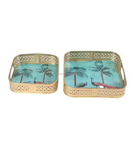 ชุดถาดเสิร์ฟลายนกยูงใต้ต้นไม้ทรงสี่เหลี่ยมสำหรับบ้านชา/ผลไม้/ของขบเคี้ยวถาดตกแต่งแบบหลายสี - Product Image 4