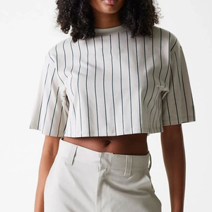 Women Striped <b>Crop</b> <b>Top</b> Crew Neck Short Sleeve Casual Woven Cotton T-Shirt Spring Summer Regular Fit - Product Image 1