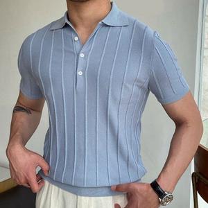 Polo tricoté pour homme à manches courtes, rayures verticales, maille côtelée, coupe ajustée, haut décontracté d'été pour homme 2026 - Product Image 3