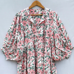Beautiful Floral Hand Block Printed Cotton Dress for Women Indus <b>Art</b> & Emporium Pink 3/4 Sleeves Summer Casual Wear - Product Image 2