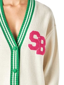 Cardigan en tricot pour femme, manches longues, col en V, style preppy, fermeture boutonnée, double boutonnage, vert et blanc, matière acrylique respirante - Product Image 6