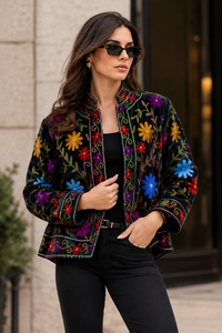 Veste matelassée en velours brodée de fleurs pour femme, manches longues, mode hiver, design ethnique fait main, écologique, séchage rapide - Product Image 2