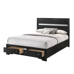1pc Shimmering Silver Accent <b>Black</b> Queen Platform <b>Bed</b> with <b>Storage</b> Drawers Solid Wood Modern Metal Design - Product Image 1