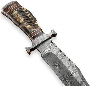 Cuchillo de exhibición de hoja fija de acero de Damasco con diseño de gota de lluvia, hecho a mano, con mango de asta de ciervo y nogal - Product Image 5