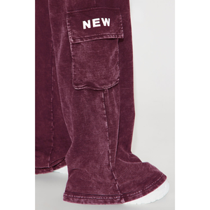 Women's Burgundy 100% Cotton Fleece 2-Piece <b>Set</b> <b>Short</b> Sleeve O-Neck <b>Top</b> with Cargo Pants Skinny Fit Winter Casual Wear - Product Image 4