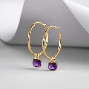 Pendientes de Oro Sólido de 14K con Corte Cuadrado Morado, Joyería Fina para Mujer, Diseño Delicado y Elegante, Certificado por GIA, a la Moda - Product Image 4