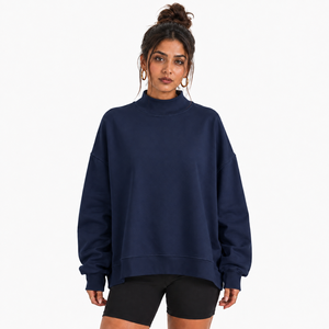 <b>Women's</b> Oversized Mockneck Pullover Lightweight Cotton <b>Fleece</b> Long Sleeve Custom Design Factory Manufacturer - Product Image 1