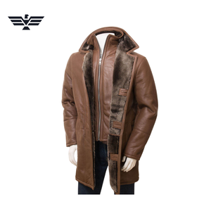 Veste de moto longue en cuir PU marron pour homme, doublure en fausse fourrure, col montant, fermeture éclair, coupe-vent, hiver, vintage, décontractée - Product Image 3