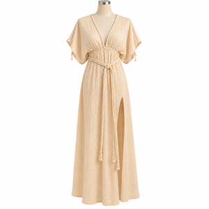 Bohemian Maxi <b>Dress</b> for Women with Deep V Neck <b>Flutter</b> <b>Sleeves</b> | Flowy Long <b>Dress</b> with Braided Waist Tie for Summer Beach Styles - Product Image 1