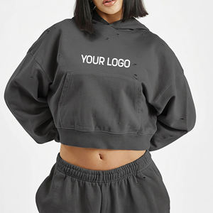 Sudadera con Capucha Corta para Mujer con Logotipo Personalizado, Color Sólido, Manga Larga, Tejido de Algodón, Estilo Casual para Otoño con Decoración de Agujeros - Product Image 1