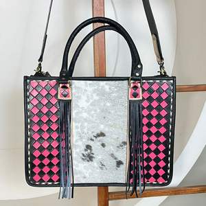 Nouveauté 2025 Sac fourre-tout en cuir de vachette artisanal de créateur avec motif à carreaux rose et noir et franges, sacs à main à bandoulière - Product Image 4