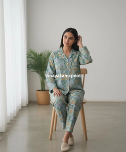 Ensemble pyjama deux pièces pour femme, élégant, vert sauge, en coton tissé, imprimé floral Sanganeri, respirant - Product Image 5