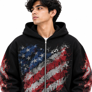 Streetwear Men's 100% Cotton 2PC Tracksuit Set <b>Full</b> <b>Zip</b> <b>Hoodie</b> Matching Trousers Rhinestone Graphic Casual Winter Custom Logo - Product Image 3