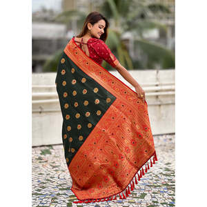 Bottle <b>Green</b> Soft <b>Silk</b> Saree with Sunflower Butta Meenakari Zari Woven Design - Product Image 3