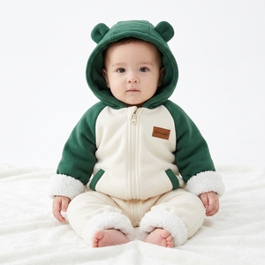 Ensemble barboteuse polaire à capuche oreilles d'ours pour bébé, fermeture éclair bidirectionnelle sur le devant, manches longues, garniture en fausse fourrure écologique, tenue d'hiver douillette pour nourrisson - Product Image 1